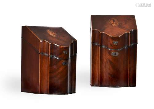 A PAIR OF GEORGE III MAHOGANY SERPENTINE FRONTED KNIFE BOXES...