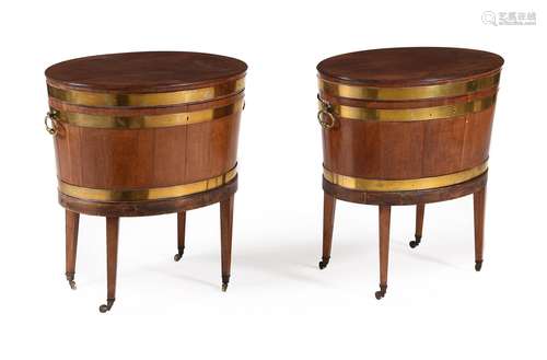 A PAIR OF MAHOGANY AND BRASS BOUND OVAL WINE COOLERS, CIRCA ...