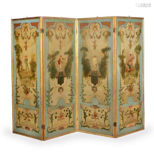 A FRENCH PAINTED AND PARCEL GILT FOUR-FOLD ROOM SCREEN, IN T...