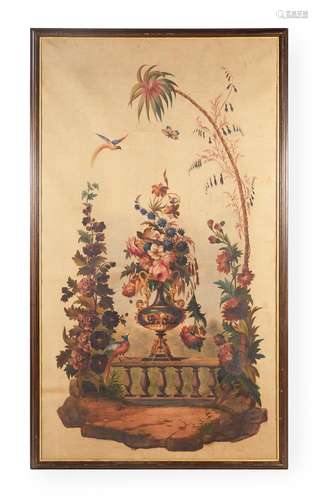 A PAINTED TEXTILE PANEL, IN LOUIS XVI STYLE, LATE 19TH CENTU...