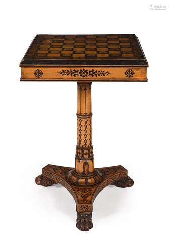 A GEORGE IV PENWORK PEDESTAL GAMES TABLE, CIRCA 1825