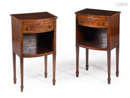 A PAIR OF MAHOGANY AND LINE INALID BEDSIDE CUPBOARDS, IN GEO...