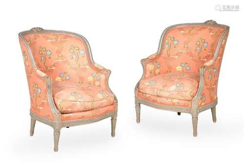 A PAIR OF GREY PAINTED AND UPHOLSTERED TUB ARMCHAIRS, IN LOU...