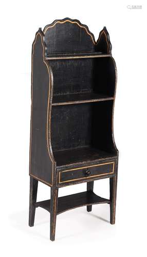 A REGENCY BLACK PAINTED AND GILT DECORATED 'WATERFALL' OPEN ...