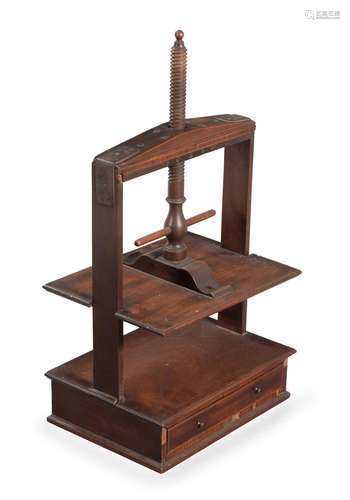 A GEORGE III MAHOGANY AND INLAID TABLE TOP BOOK PRESS, CIRCA...