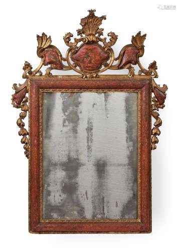 AN ITALIAN GILTWOOD AND RED LACQUER WALL MIRROR, PROBABLY VE...