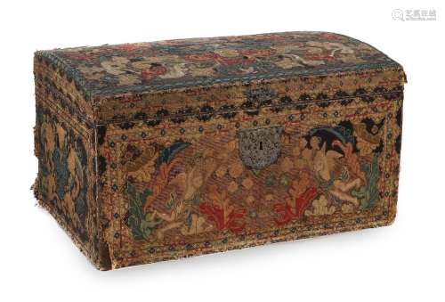 A GEORGE II NEEDLEWORK COVERED CHEST, MID 18TH CENTURY