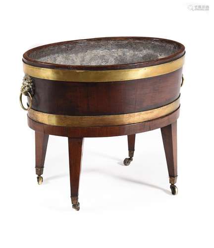 A GEORGE III MAHOGANY AND BRASS BOUND WINE COOLER, CIRCA 180...