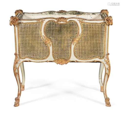 A CREAM PAINTED, PARCEL GILT AND CANED JARDINIERE, LATE 19TH...