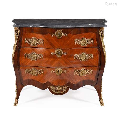 Y A CONTINENTAL TULIPWOOD, MAHOGANY AND ORMOLU MOUNTED COMMO...