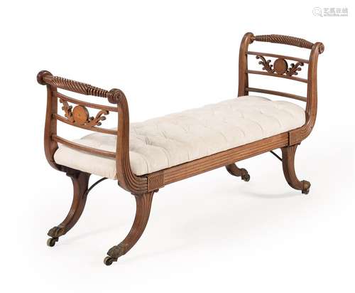 A REGENCY MAHOGANY AND UPHOLSTERED WINDOW SEAT, CIRCA 1820