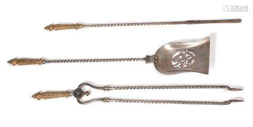 A SET OF THREE STEEL AND BRASS FIRE TOOLS, CIRCA 1850