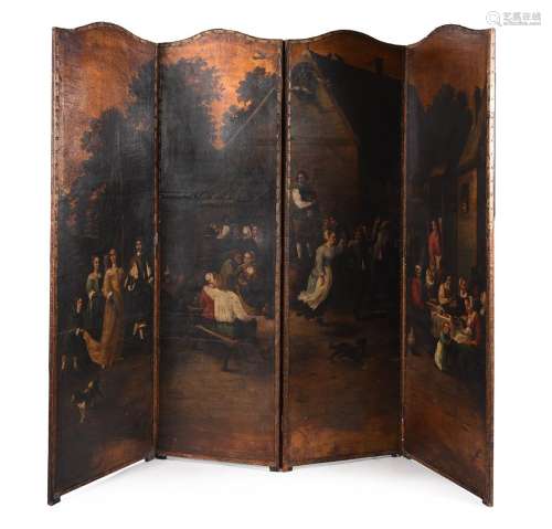 A PAINTED LEATHER FOUR-FOLD ROOM SCREEN, FLEMISH, 19TH CENTU...