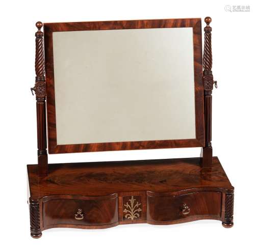 A REGENCY MAHOGANY AND BRASS MARQUETRY DRESSING MIRROR, CIRC...