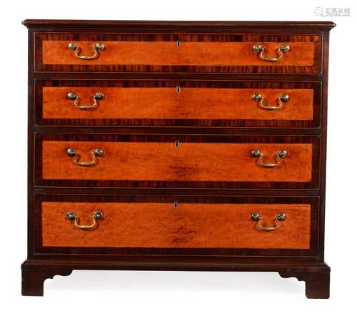 Y A GEORGE III SATINWOOD AND MAHOGANY CHEST OF DRAWERS, CIRC...