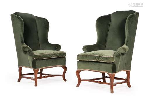 A PAIR OF WALNUT AND UPHOLSTERED WING ARMCHAIRS, IN WILLIAM ...