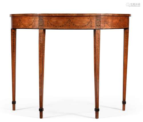 Y A GEORGE III SATINWOOD, MAHOGANY AND MARQUETRY DEMI-LUNE C...