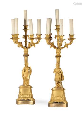 A PAIR OF GILT METAL FIVE-LIGHT CANDELABRA, SECOND HALF 19TH...