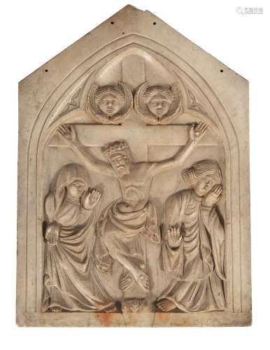 AN ITALIAN CARVED MARBLE PANEL, IN THE 14TH CENTURY GOTHIC S...