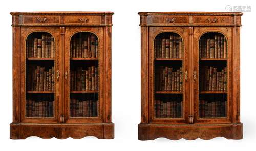 A PAIR OF VICTORIAN FIGURED WALNUT, WALNUT CROSSBANDED AND G...