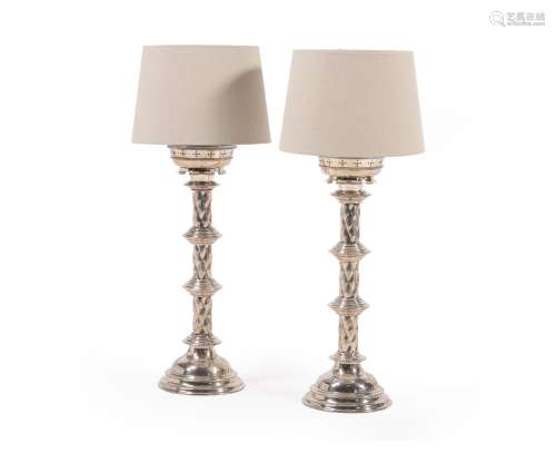 A PAIR OF SILVER PLATED METAL TABLE LAMPS, LATE 19TH/ EARLY ...
