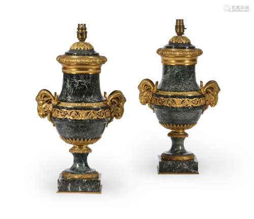 A PAIR OF FRENCH ORMOLU MOUNTED VERDE ANTICO MARBLE PEDESTAL...