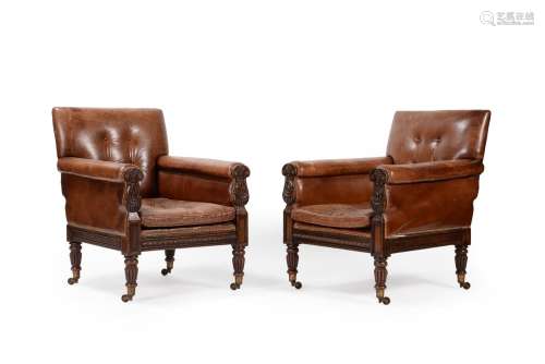 A PAIR OF WILLIAM IV SIMULATED ROSEWOOD AND LEATHER UPHOLSTE...