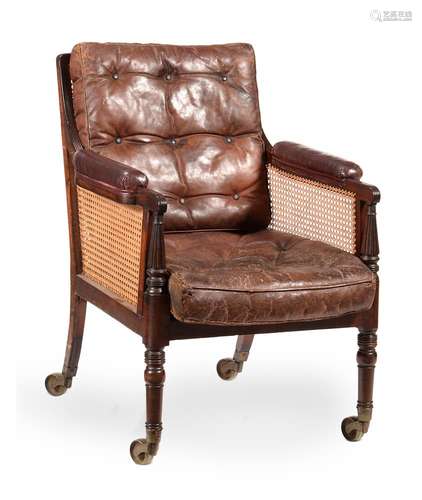 A REGENCY MAHOGANY LIBRARY BERGERE ARMCHAIR, CIRCA 1815