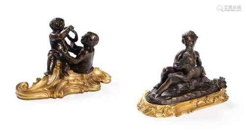 TWO 18TH CENTURY FRENCH PATINATED AND GILT BRONZE PRESSE-PAP...