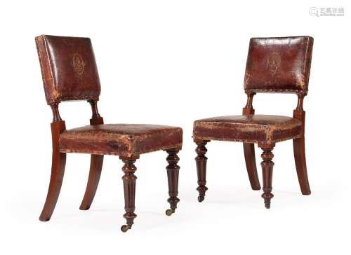 A SET OF TEN VICTORIAN MAHOGANY AND RED LEATHER UPHOLSTERED ...