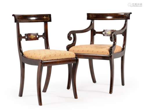 A SET OF FOURTEEN REGENCY SIMULATED ROSEWOOD AND BRASS INLAI...