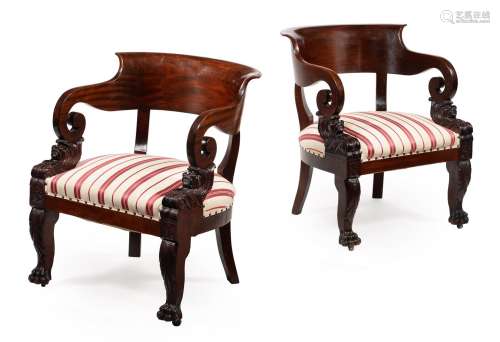 A PAIR OF MAHOGANY AND UPHOLSTERED, ARMCHAIRS IN EMPIRE STYL...