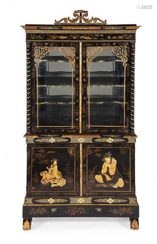 A BLACK LACQUER AND GILT CHINOISERIE DECORATED CABINET, ENGL...