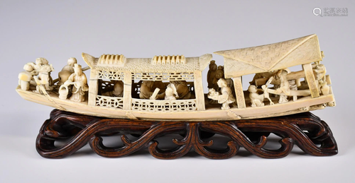 A Bone Carved Boat with Stand, 19thC