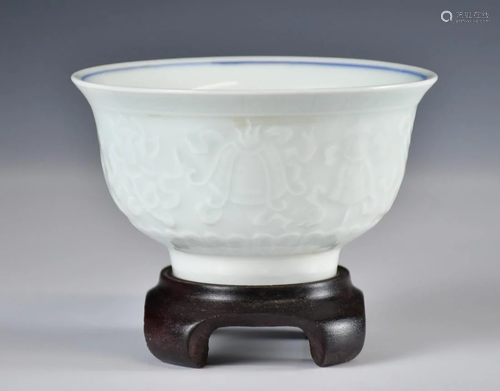 A Chinese Carved Blanc De Chine Bowl With Stand