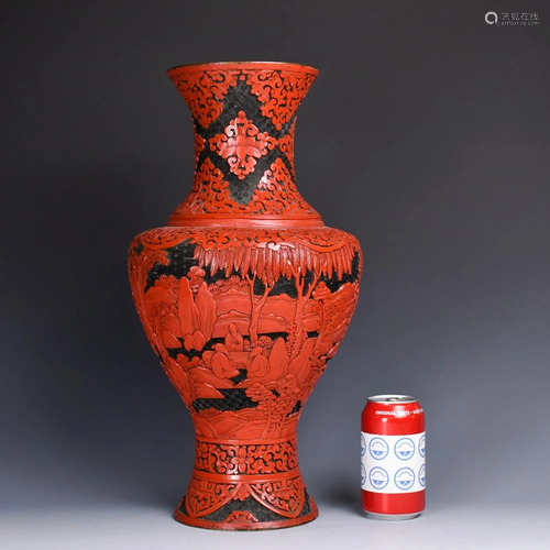 A Cinnabar Lacquer Carved Figures Vase, 19thC