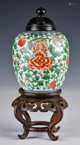 A Wucai Flower Jar with Cover and Stand 17thC