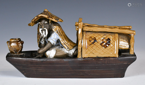 Chinese Porcelain Carved Fisherman And Boat