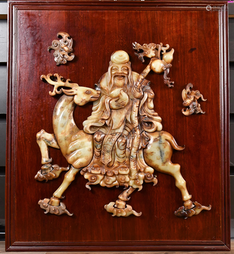 A Chinese Decorative Jade Stone Inlaid Wood Panel,