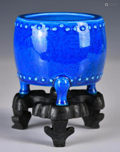 A Blue Glazed Censer with Stand Shen De Tang Mark