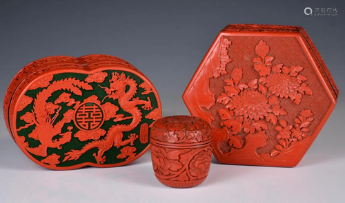 Three Carved Cinnabar Lacquer Boxes 20thC