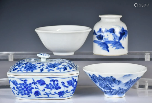 Three Blue & White Porcelain Objects and One White