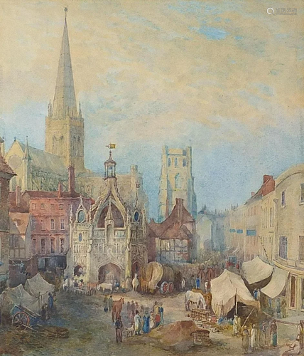 Bruges market street scene with figures, 19th century