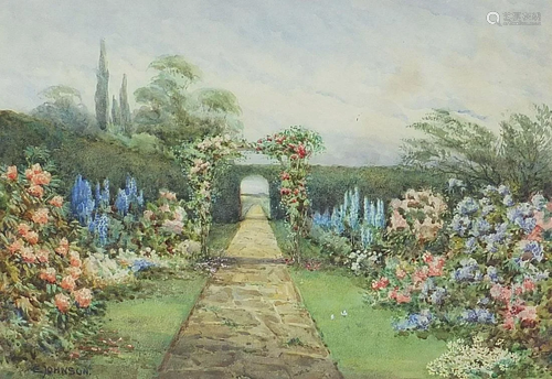 E Johnson - Path and flowers, watercolour, mounted,