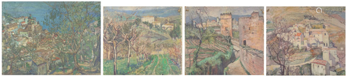 Continental landscapes with villas, four oil on boards,