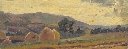 Hayricks before a landscape, oil on canvas board,