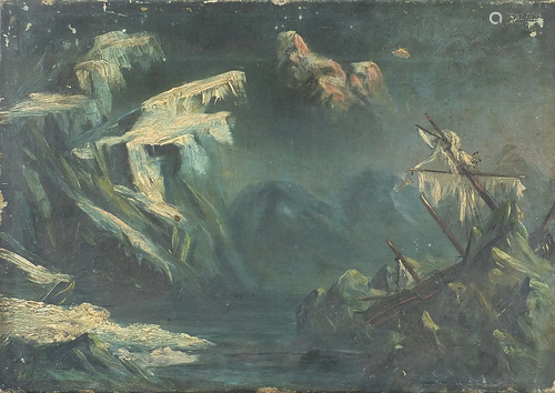 Shipwreck before mountains, oil on canvas, indistinctly