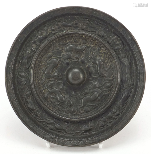 Chinese patinated bronze hand mirror cast with mythical