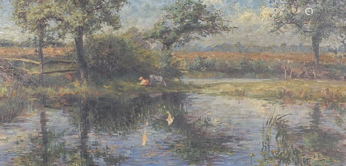 Cattle grazing beside water, early 20th century oil on