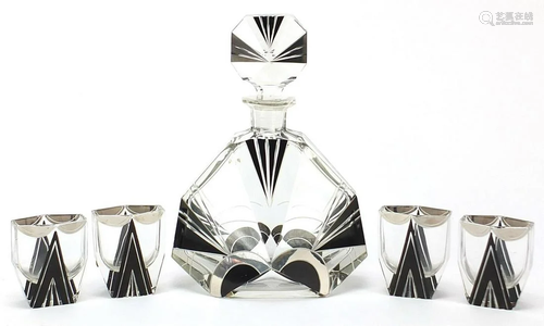 Art Deco black flashed cut glass decanter with four